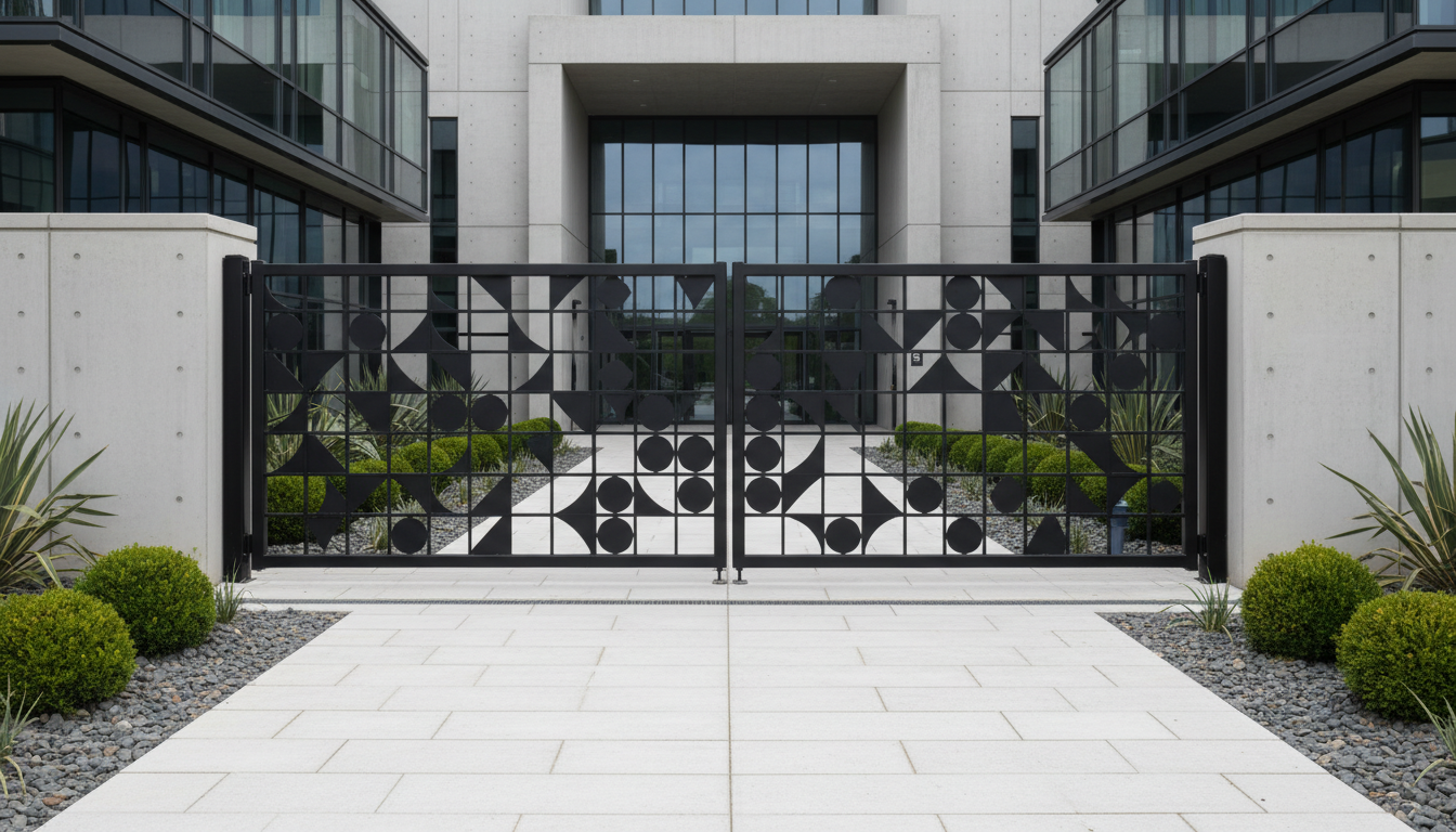 A set of industrial-grade, powder-coated steel gates with laser-cut geometric panels, positioned in front of the main entrance to a contemporary institutional building. The setting is defined by meticulously paved stone walkways and minimalist landscaping with manicured shrubs. Soft overcast daylight evenly illuminates the surfaces, generating subtle contrasts between the matte black gates and the neutral, structured architectural elements around them. Photographed head-on at eye level with a balanced, centered composition and crisp focus throughout, the overall feel is secure and dependable, with a strong emphasis on durability and professional design.