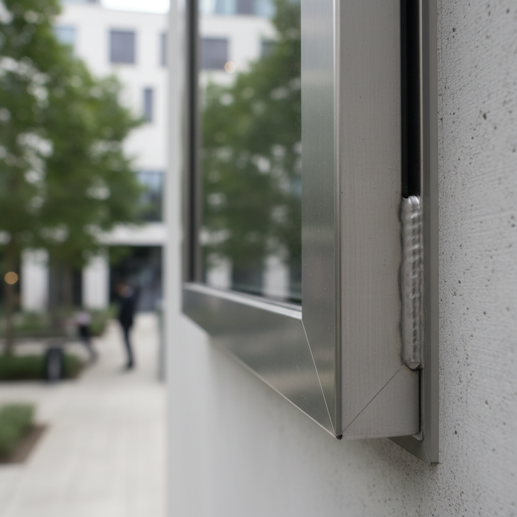 A close-up detail of a modern aluminum window frame, exhibiting expertly welded joints and a flawless satin finish, set against a softly textured concrete facade. The natural ambient light highlights subtle metallic reflections along the contours of the frame while gentle shadows emphasize its geometric precision. The background fades into a softly out-of-focus view of an urban courtyard. Captured from a low angle and framed according to the rule of thirds, the composition directs attention to exquisite craftsmanship. The image evokes a mood of calm confidence, aligned with a clean, corporate visual style and photographic realism.
